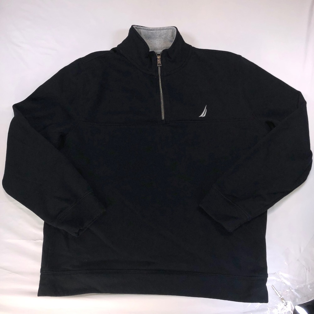 Nautica Mens Large Black Quarter Zip Pullover Fleece Sweatshirt Mock Neck Logo